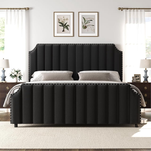 Queen Size Platform Bed Frame with 50.2 in Tall Headboard, Velvet Upholstered Bed Frame Queen with Vertical Channel Tufted Headboard & Footboard, Nailhead Trim, No Box Spring Needed, Black