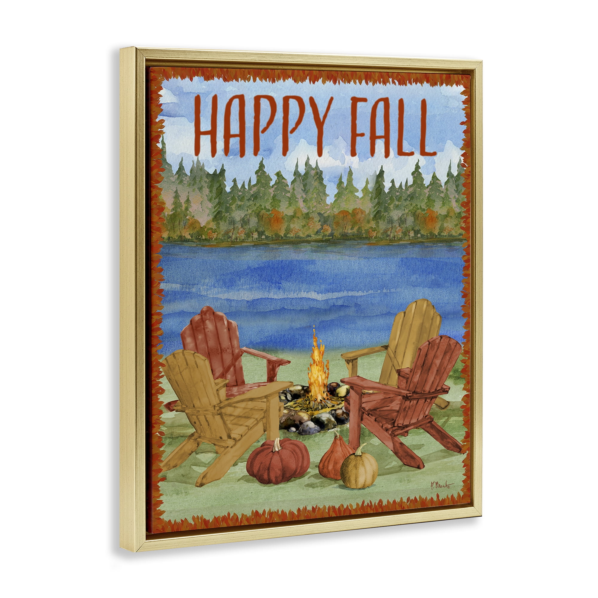 Stupell Industries Happy Fall Bonfire Holiday Painting Gold Floater Framed Art Print Wall Art, 17 x 21