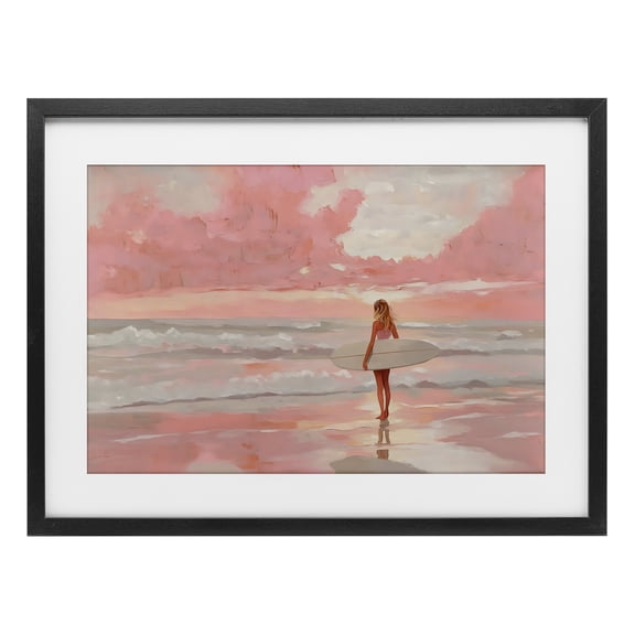 Pink Sky Surfer Black Framed Print Under Glass, design by LSR Design Studio