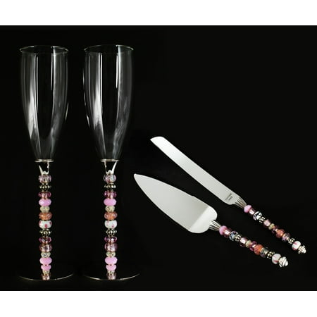 

Vintaqge Sweet 16 15 Wedding Pink Beaded Toasting Glass Knife and Wedding Cake Server Set