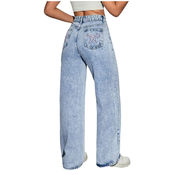 Splozh Kids Ripped Jeans Girls Casual Girls Wide Leg Jeans Baggy Bow Embroidery High Waist Denim Pants Cute Trendy Tween Streetwear Light Blue,15-16 Years