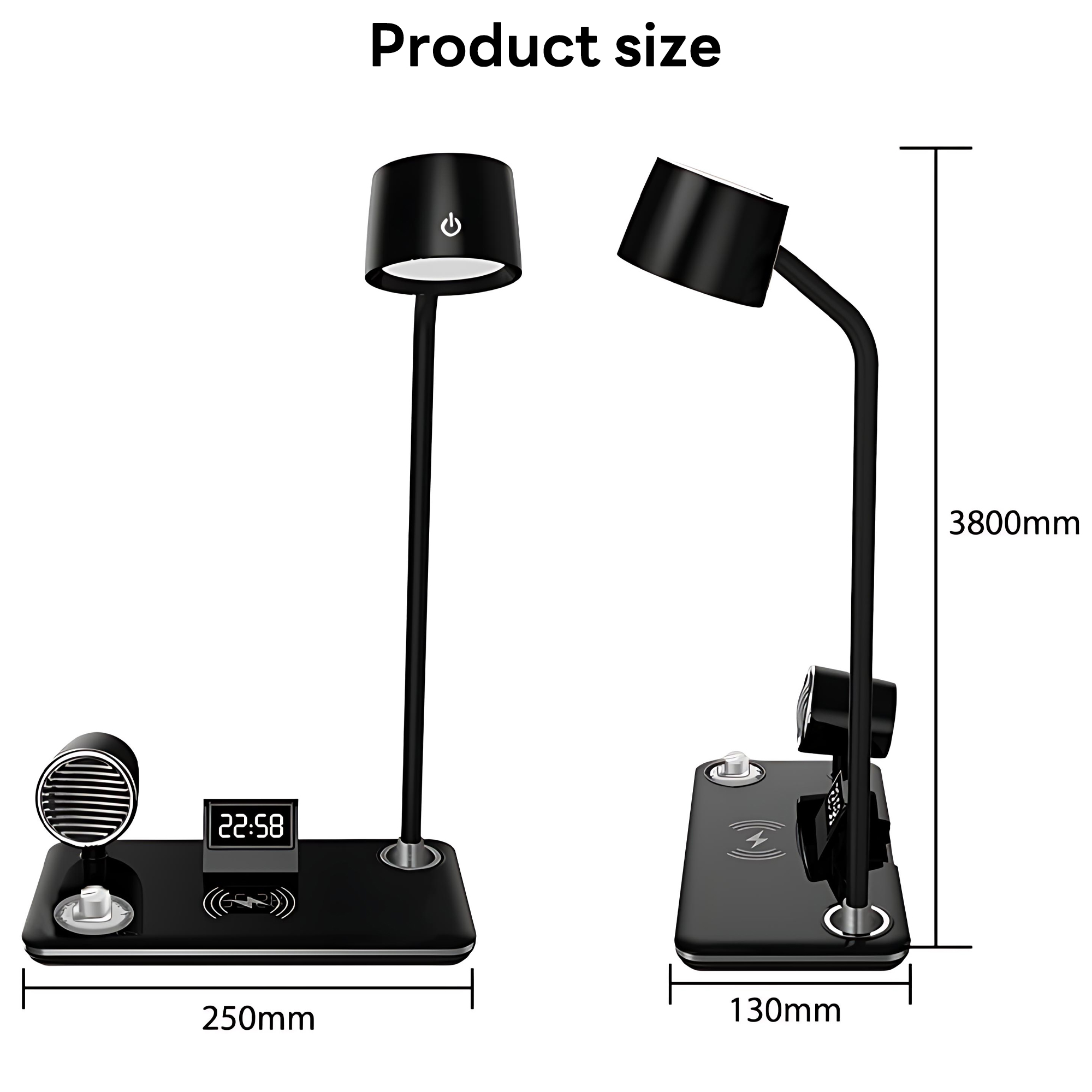 INSMART Wireless Charging Desk Lamps for Home Office,4-in-1 LED Bedside Lamp with 15W Fast Charger,Bluetooth Speaker,Digital Clock,360° Adjustable,3 Lighting Mode, Black