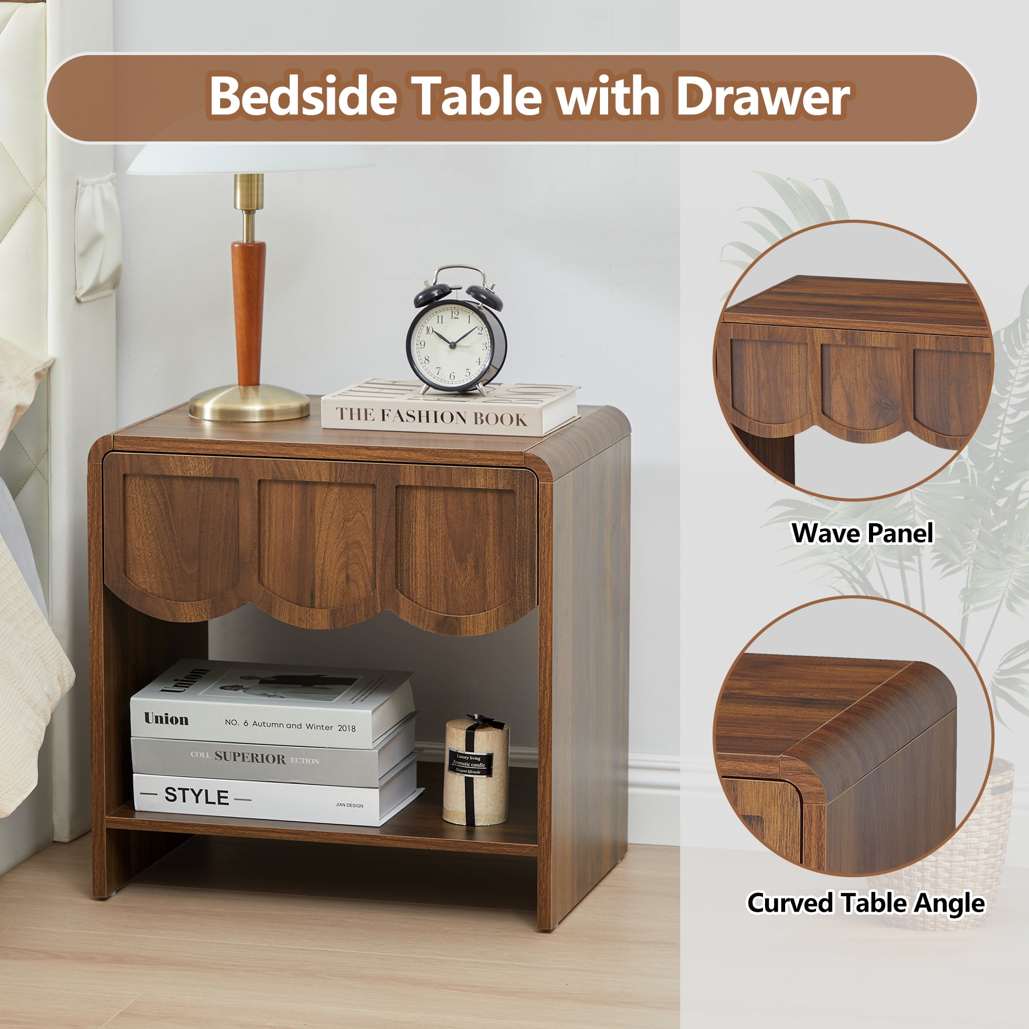 Wirrytor Farmhouse Walnut Fluted Nightstands Set of 2, Mid-Century Chic End Table with Drawer and Open Shelf Storage, Curved Edge Bedside Table for Bedroom Living Room