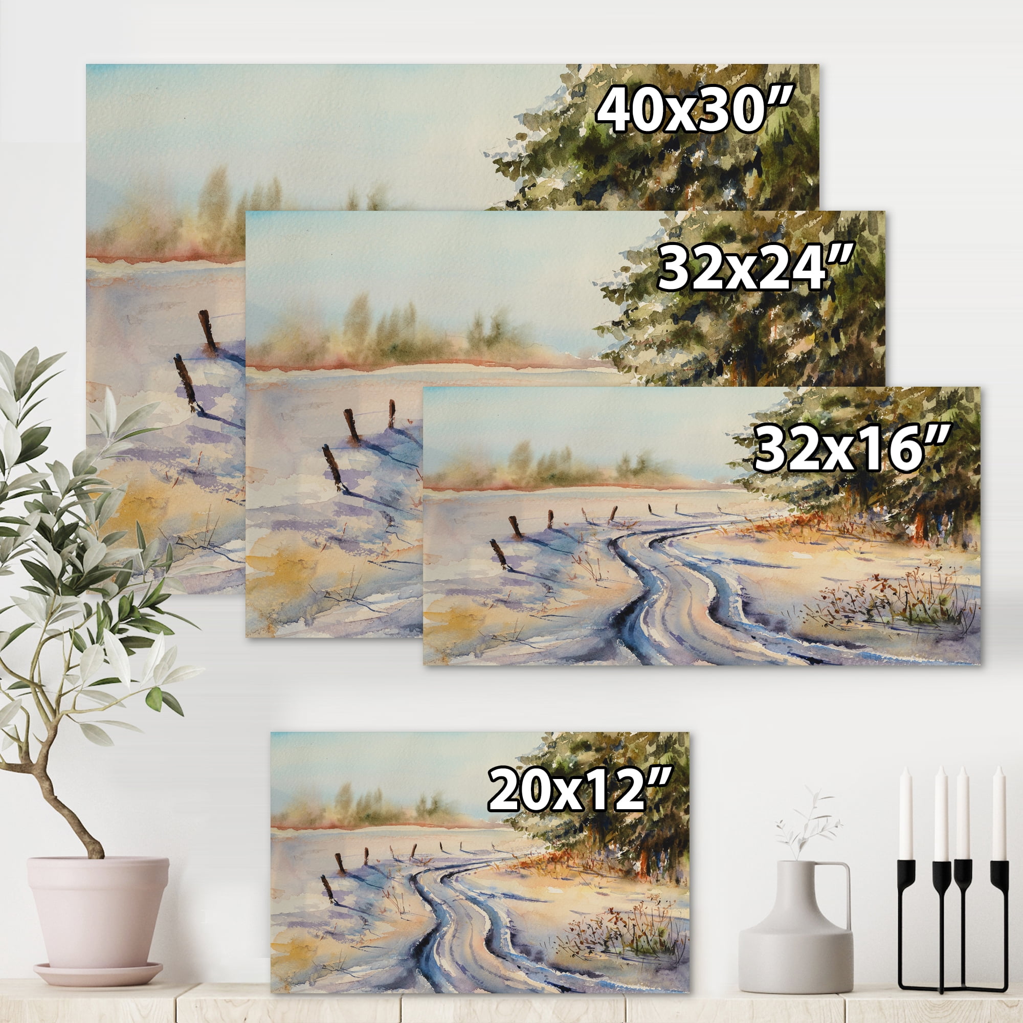 Designart ' Snowy Winter Forest Landscape Rural Road In Snow ' Traditional Canvas Wall Art Print