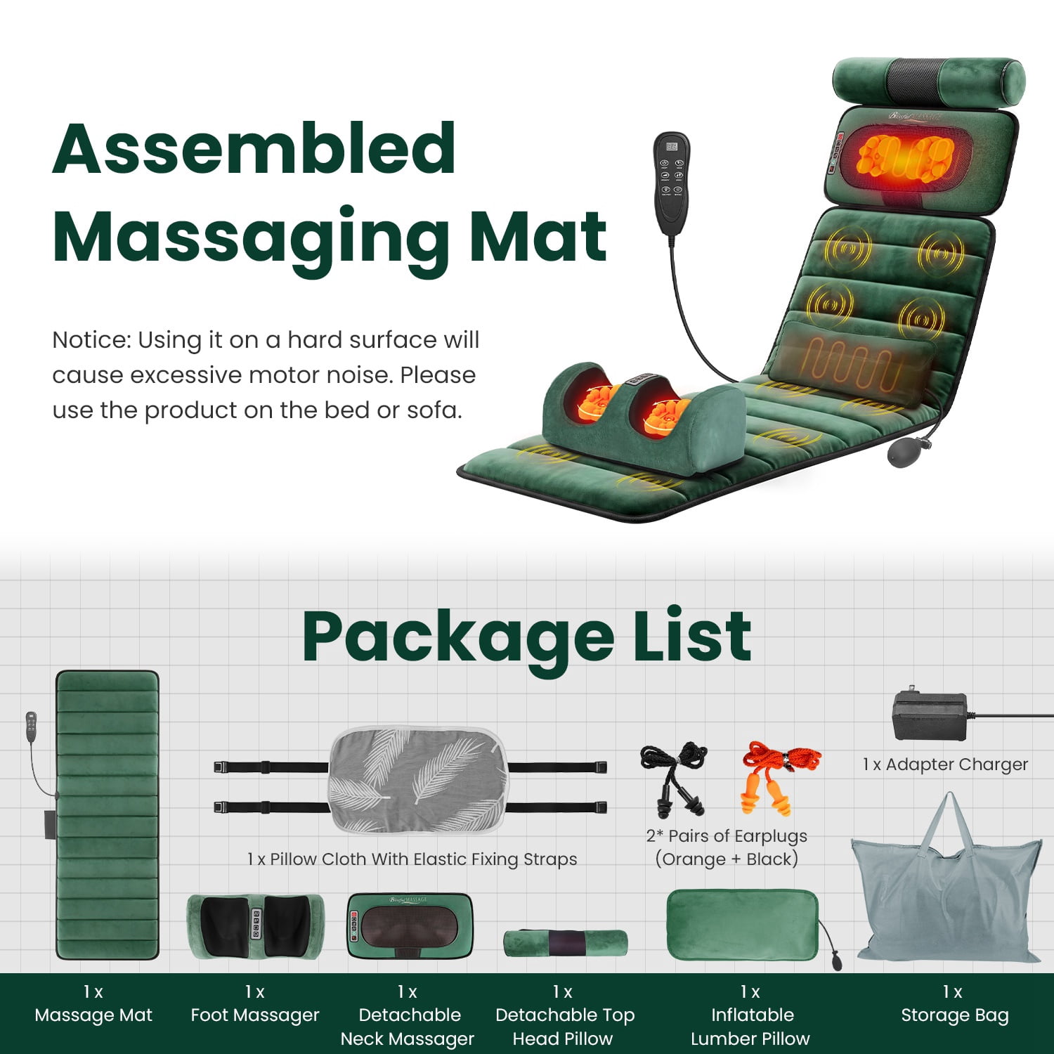 Full Body Electric Massage Mat with Detachable Neck & Foot Kneading Units, Inflatable Lumbar Pillow Heating Function 10 Vibration Points Multi Modes Timer Anti-Slip Base Foldable with Storage Bag