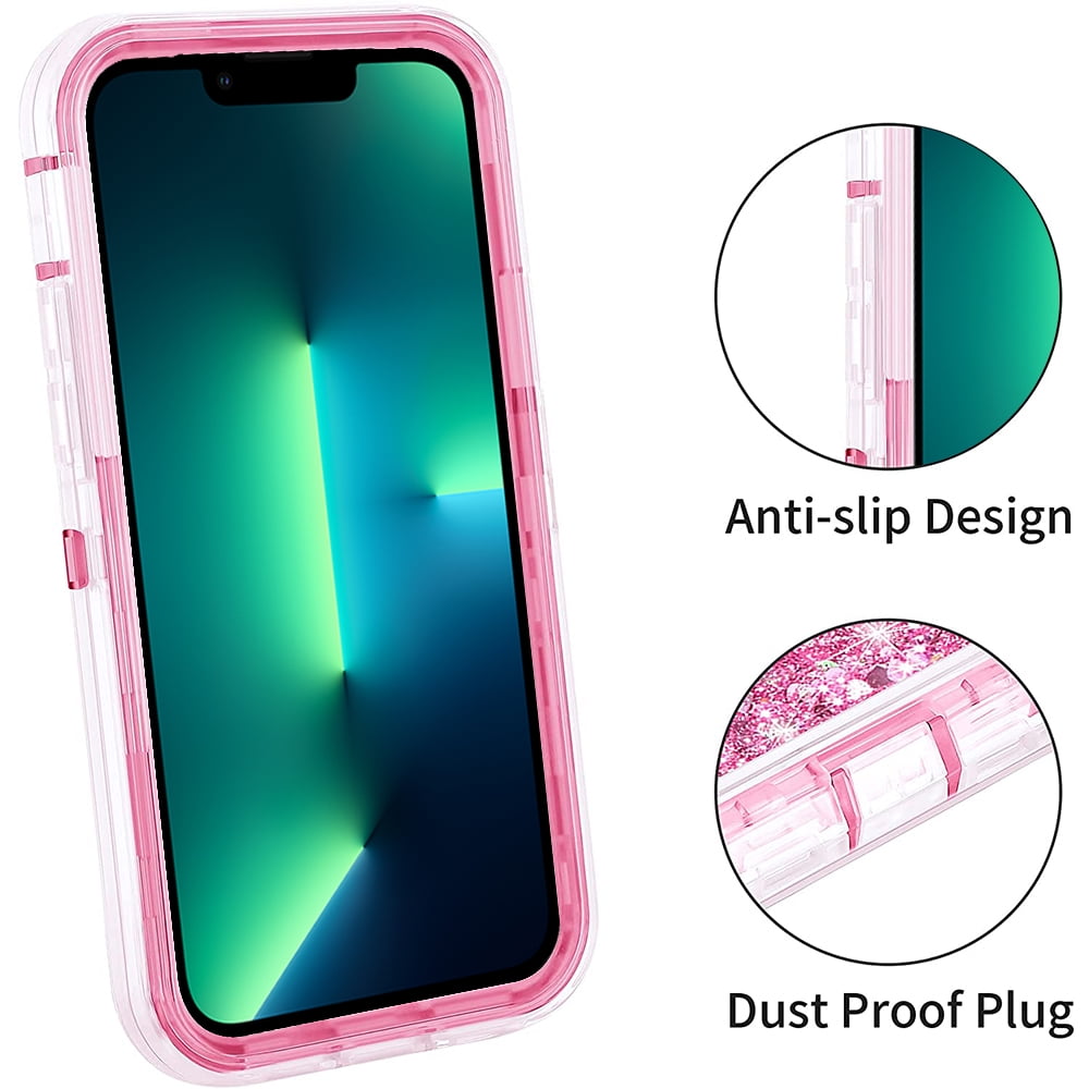 Kuteck for Apple iPhone 13 Pro 6.1 inch Tough Defender Sparkling Liquid Glitter Heart Case Cover Pink/Purple