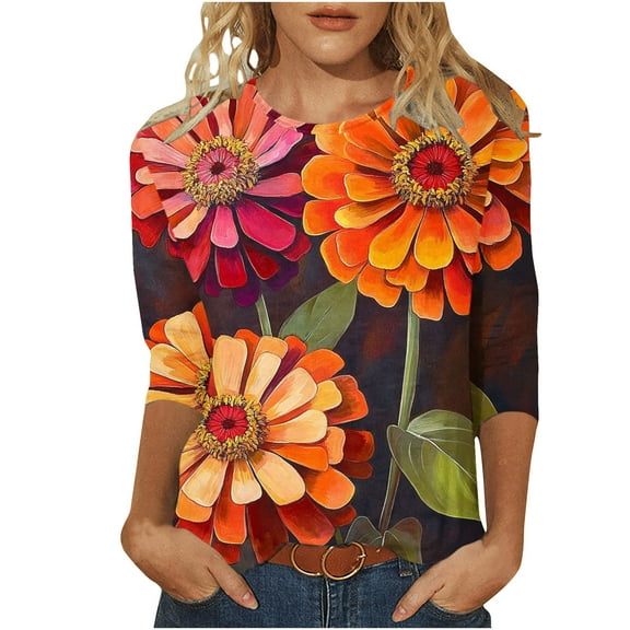 CYMMPU Spring Tops Crew Neck Tunic Tops Boho Blouses for Women Dressy Casual Flower Pattern 3/4 Sleeve Loose Fit Summer Trendy Shirts Lightweight Basic Tees Multicolor XXXXXL