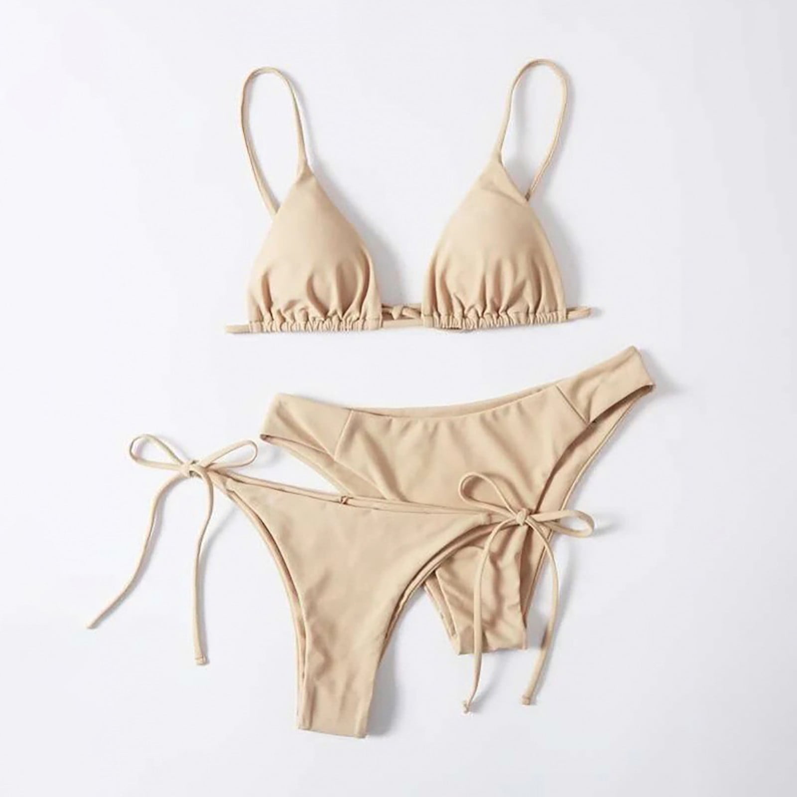 Women's Summer Fashion Sexy Solid Color Backless Lace-up Adjust Buckle Sling Bikini Three-pieces Swimsuit Beige L - Walmart.com