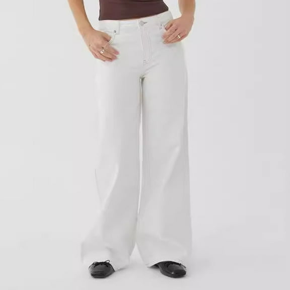 HOWPAY Women'S Jeans Wide Leg High Waisted Solid Color Vintage Stretchy Denim Pants with Pockets Straight Leg Relaxed Streetwear Baggy Pants White L