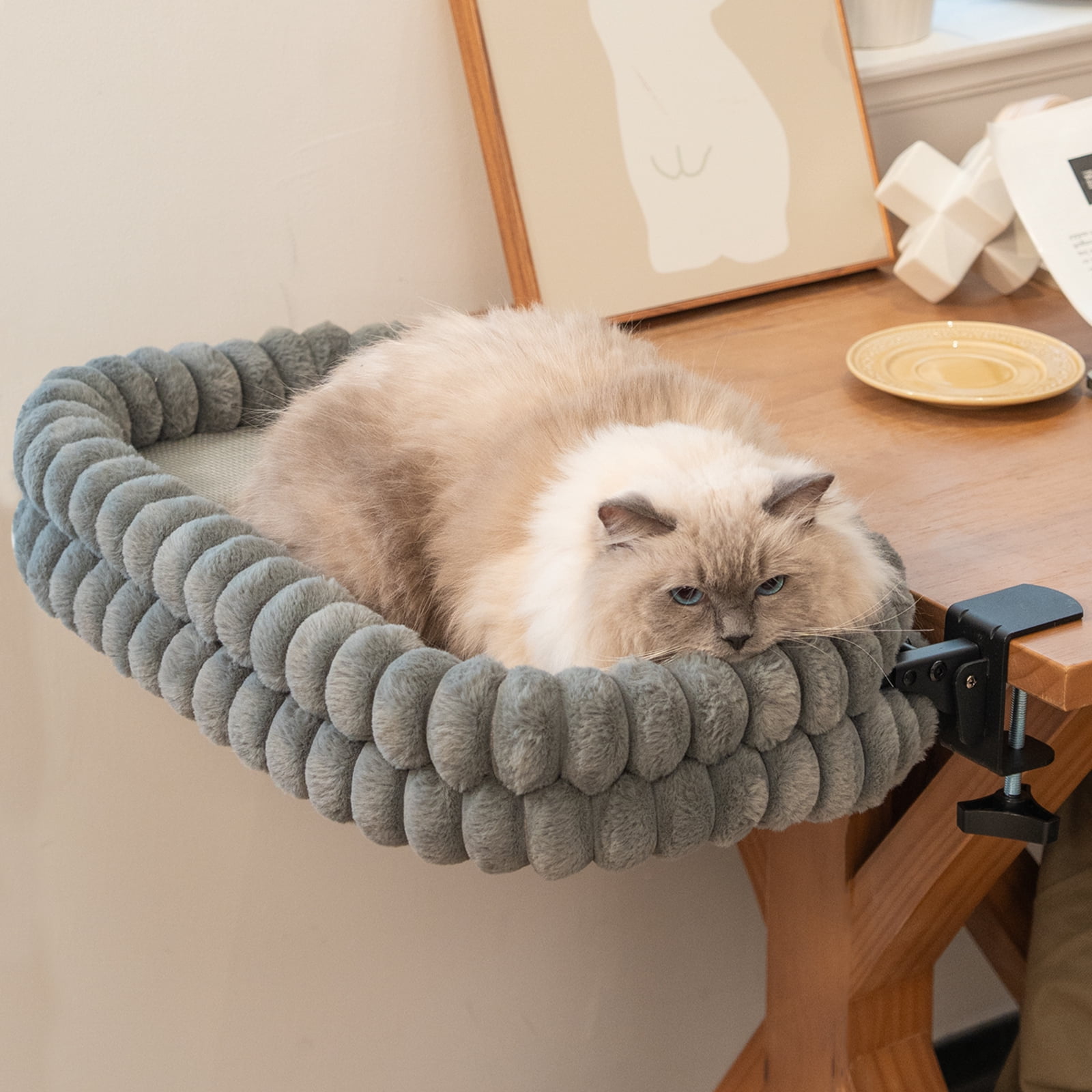 CheerPals Cat Desk Bed, 24*15in Double-Layer Foldable Cats Hammock, Plush&Grids Design for All Reason(Large,Gray)