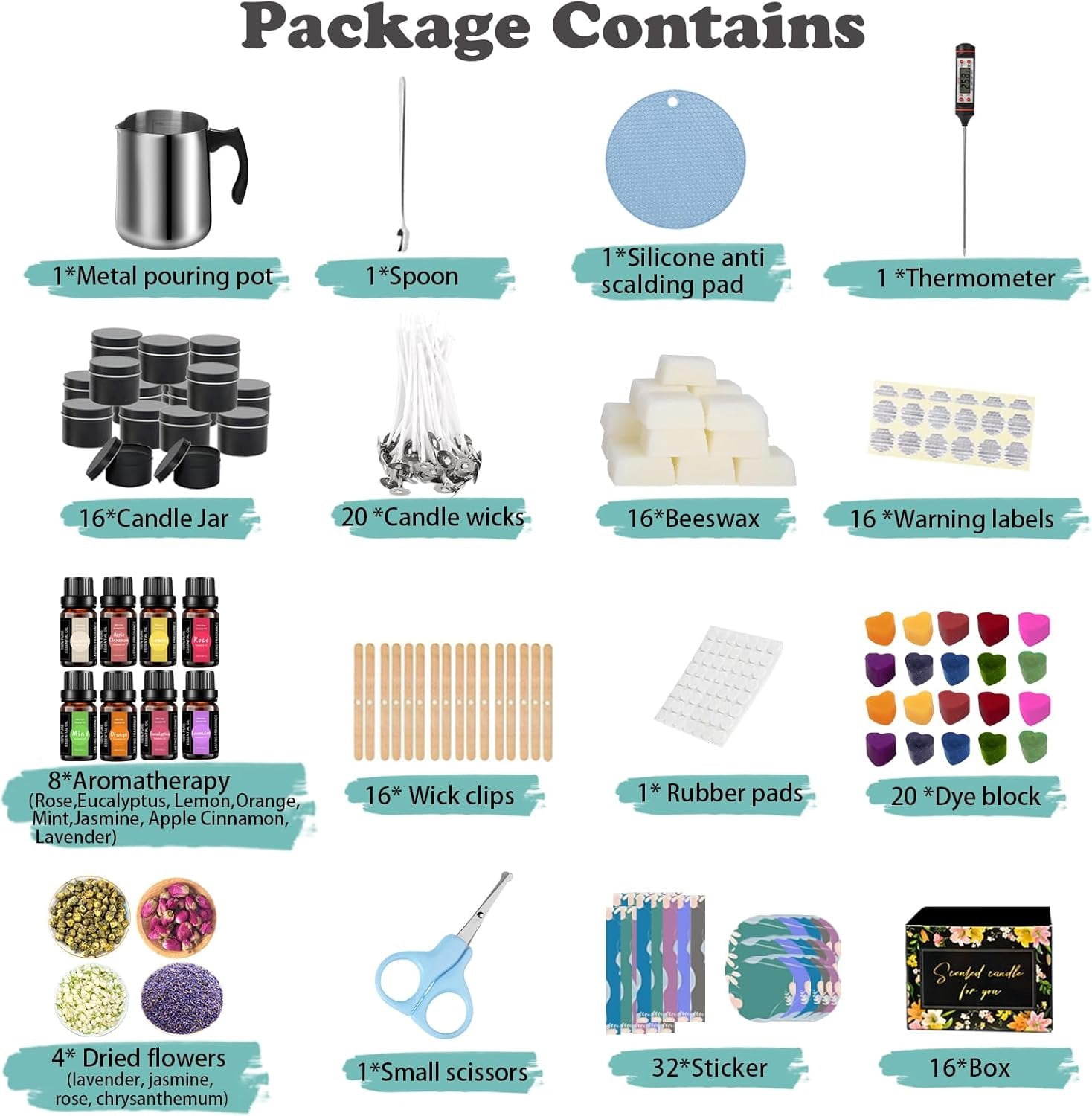 Complete Candle Making Kit, Candle Making Supplies, DIY Arts&Crafts Kits  For Adults,Beginners,Including Bees Wax,Wicks,Rich Scents,Wick Clips,550ml Melting WaxPouring Pot,Thermometer,Spoon Etc.