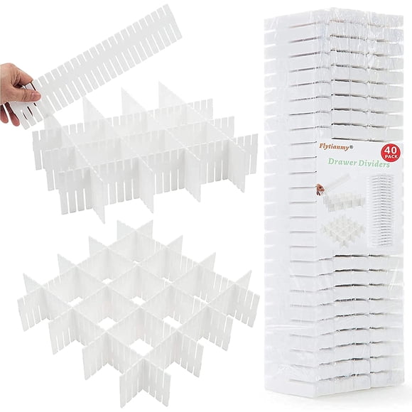 Flytianmy 40Pcs Drawer Dividers, Adjustable Drawer Organizer for Socks, Underwear, Makeup, can Help Tidy Kitchen, Bedroom, Dresser White