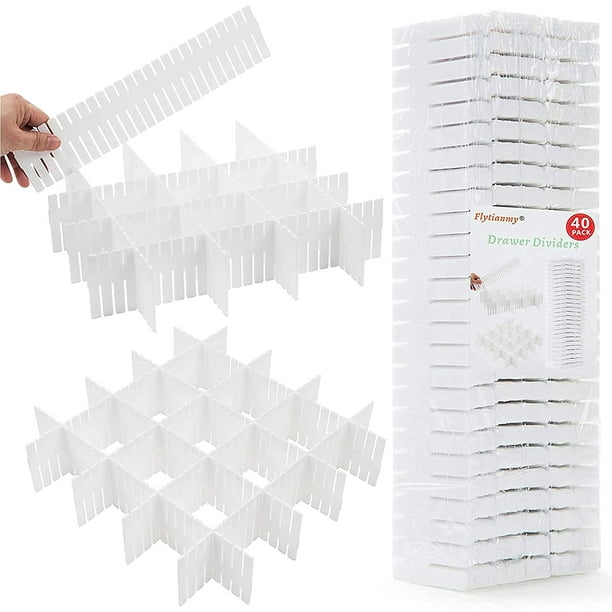 Flytianmy 40 divisores de cajones, organizador de cajones ajustable para calcetines, ropa interior, maquillaje, puede ayudar a ordenar la cocina, dormitorio, cómoda, color blanco