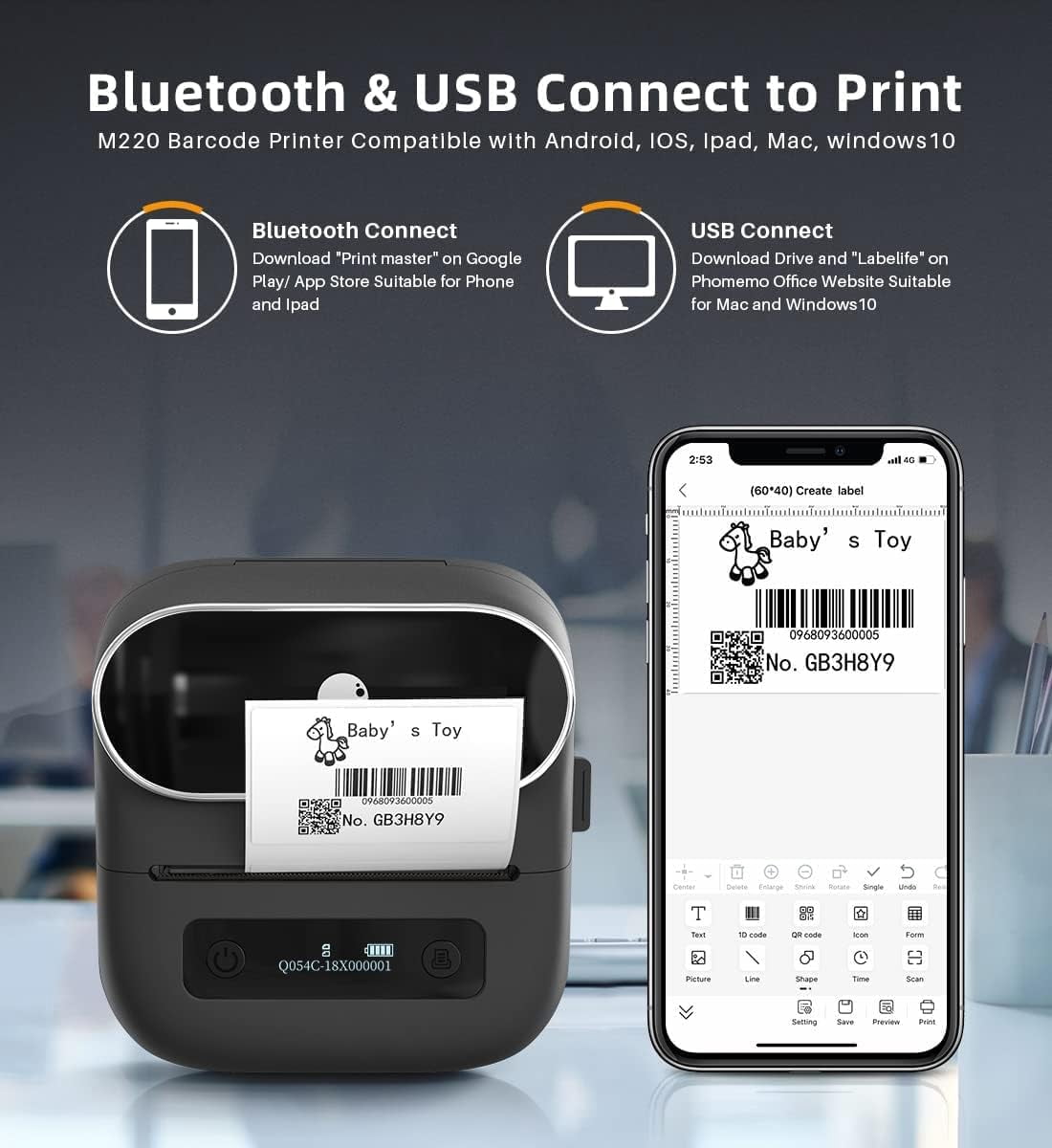 Phomemo M220 3.14 Inch Portable Bluetooth Thermal Label Maker - Support 20-80mm Width Label for Clothing, Mailing, and Address Labels - Compatible with Phone and Laptop (Black)