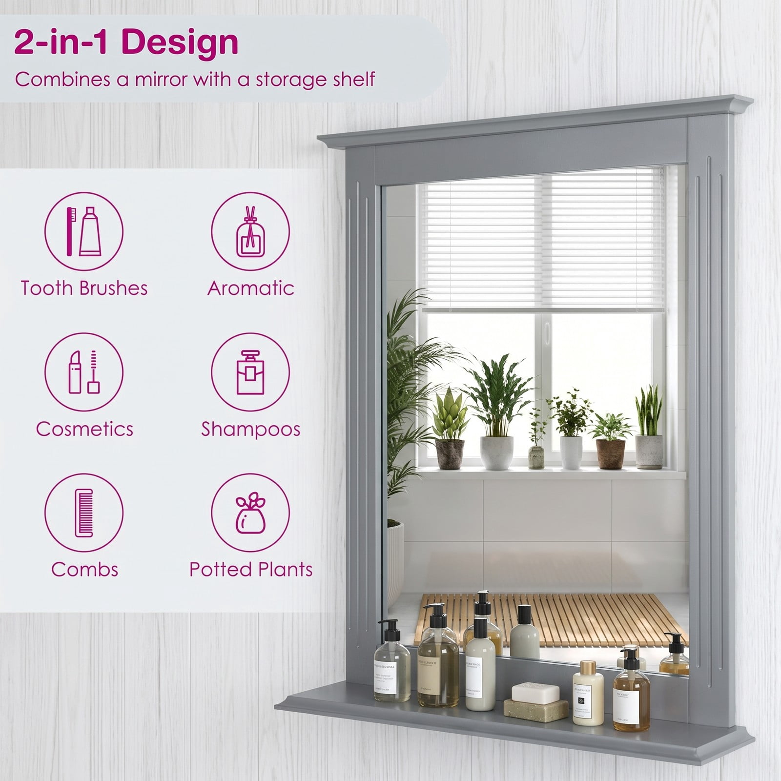 ALPULON Wall-Mounted Multipurpose Vanity Mirror with Shelf, MDF Framed Bathroom Wall Mirror with Storage Shelf for Entryway Bedroom Living Room Hotel, 22.5 x 27, Gray