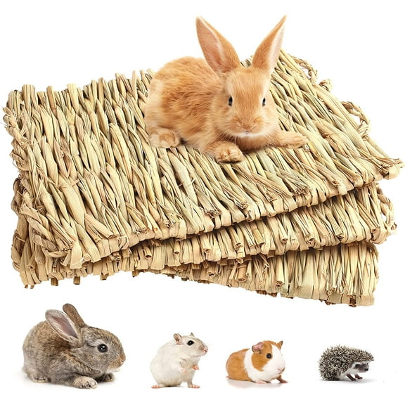 Walbest 3 Pack Grass Mat for Rabbits Bunny, Woven Hay Mat for Small Animals, Natural Straw Bedding Resting Cage Mat for Guinea Pig Parrot Chinchilla Hamster Rat