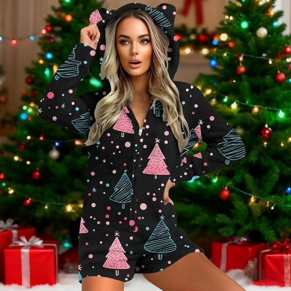QUNYINEY Onesie Costumes for Women Christmas Fleece Long Sleeve Cute Bodysuit Hooded Loose Fit Zipper Womens Fall Pajamas