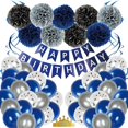 thumbnail image 1 of Conjunto de decoraciones de fiesta de cumpleaños azul y plata Afortunado Sencillez, 1 of 4