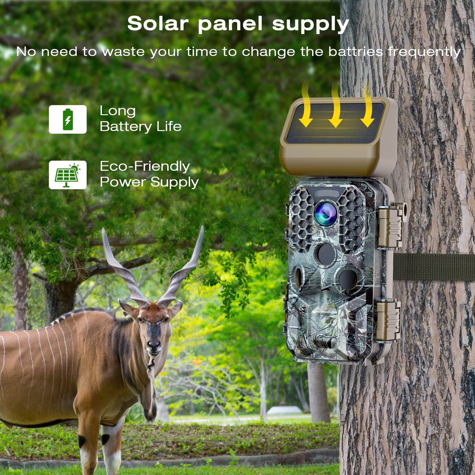 CAMPARK Solar Powered Trail Camera Native 4K 30fps WiFi Bluetooth 30MP Game Camera with Night Vision Waterproof IP66 Motion Activated 120° Wide Angle Hunting Deer Trail Cam for Wildlife Monitoring