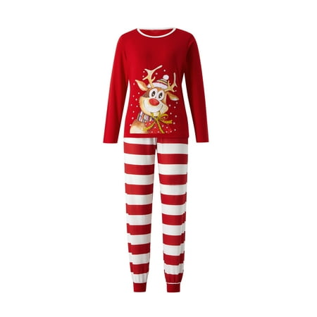

Seyurigaoka Family Matching Christmas Pajamas Outfit Cartoon Elk Stripe Printing Long Sleeve Round Collar Sleepwear for Mom/Dad/Kid/Baby