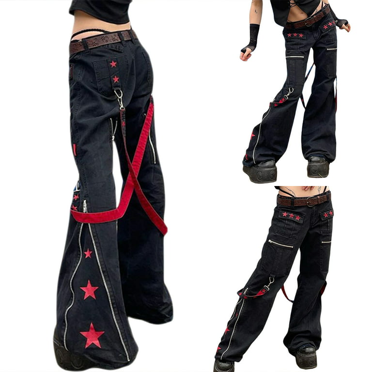 AMILIEe Women Gothic Cargo Pants Loose Low Waist Trousers Wide Leg Baggy  Harajuku