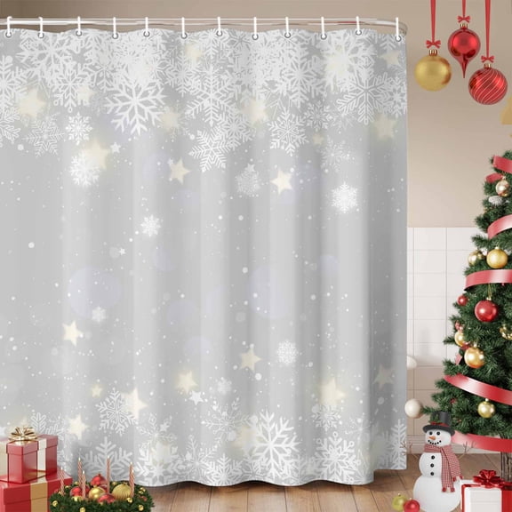 Grey Snowflake Christmas Shower Curtain, Winter Xmas Snowflake Farmhouse Waterproof Fabric Shower Curtains with 12 Hooks, Bathroom Curtain Set for Bathroom Accessories Decor, 66 x 72 Inches