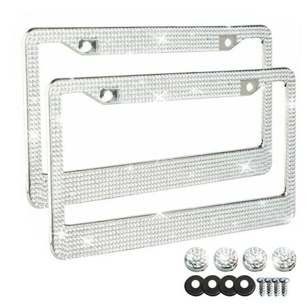 2 Pack Bling Bling Car License Plate Frames, Sparkling Diamond License Plate Cover, Glitter Rhinestone Car License Plate Holder ,Stainless Steel Frame with Screws Nuts washers