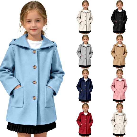 Girls Hooded Single Coat, Kids Solid Color Mid Length Button Down Trench Outerwear, Long Sleeve Warm Overcoat with Side Pockets for Fall Winter(Light Blue,6-7 Years)
