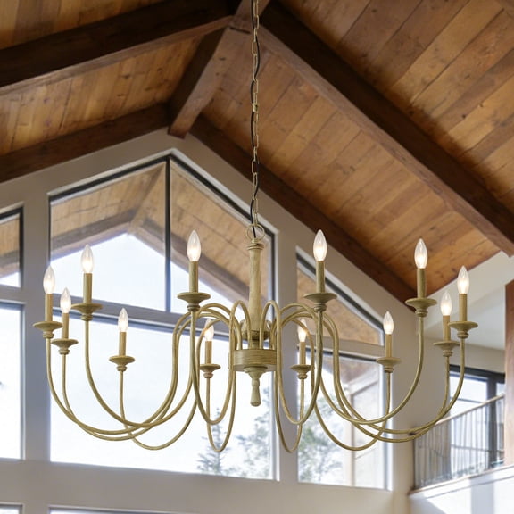 12-Light Farmhouse Chandelier, 47.24" Rustic Solid Wood Candle Pendant Light with Antique Finish | Dimmable French Country Ceiling Fixture for Grand Dining Room, Two-Story Foyer