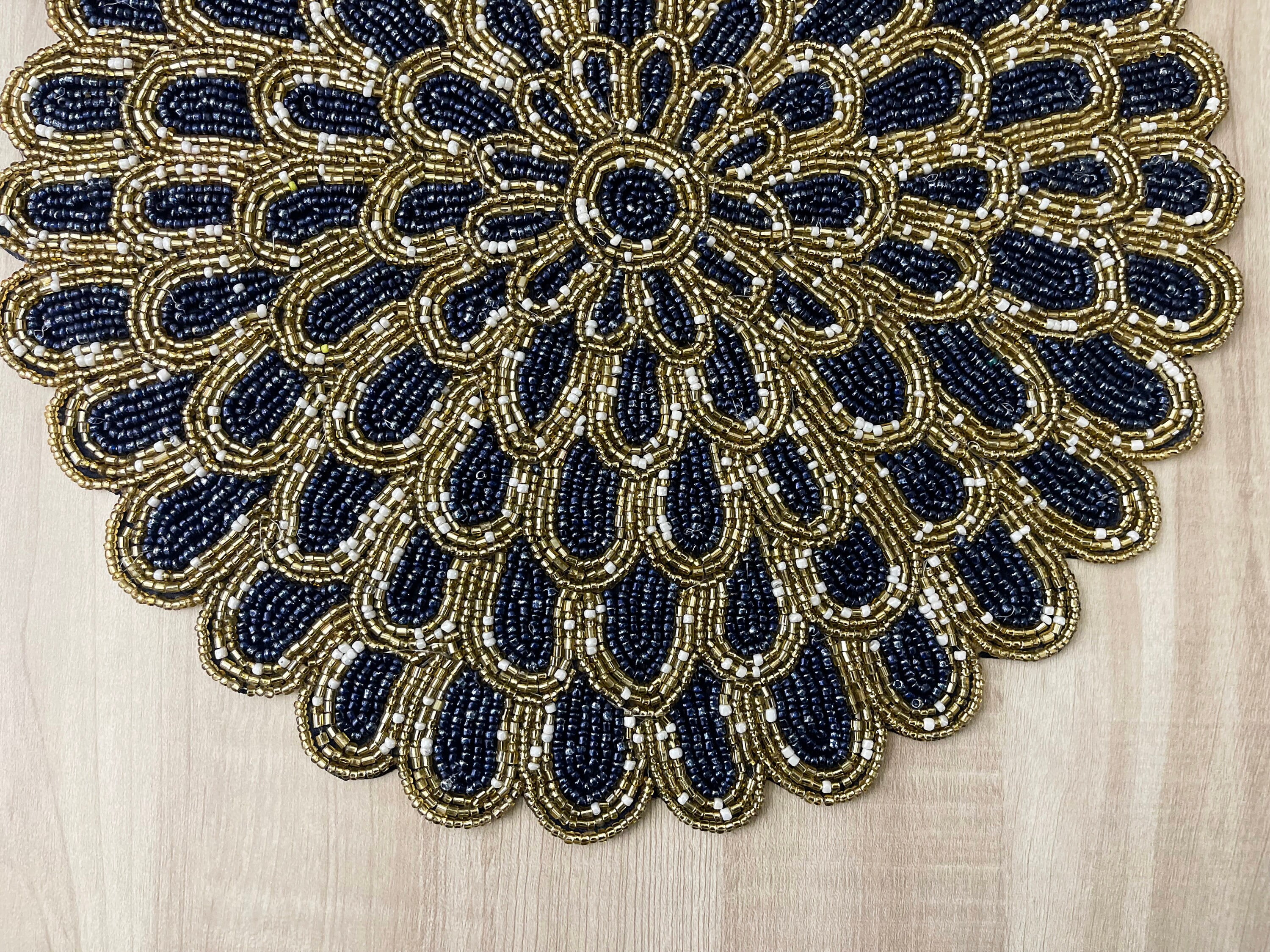 Set of 6, Handmade placemat, beaded round table placemat, Navy blue gold, 14 inch
