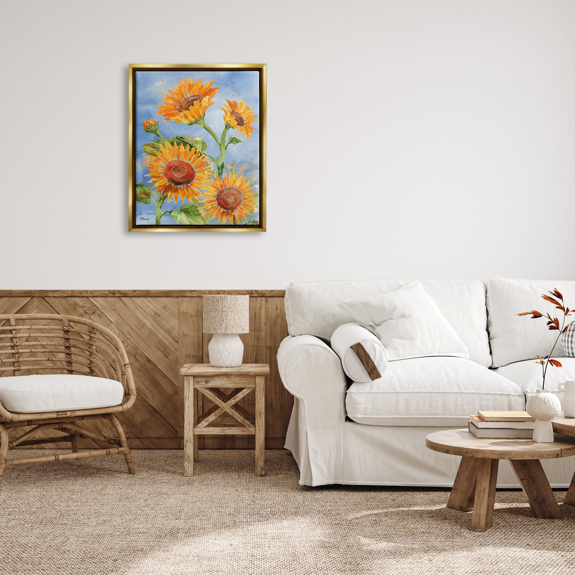 Stupell Industries Watercolor Sunflowers on Blue Botanical & Floral Painting Gold Floater Framed Art Print Wall Art, 25 x 31