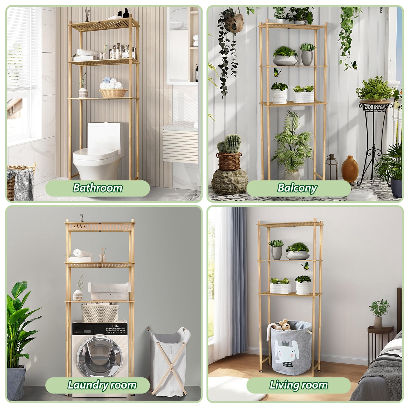 Bamboo Over the Toilet Storage Shelf, 3 Tier Freestanding Organizer Rack for Bathroom & Laundry Space-Saving Design Natural Color