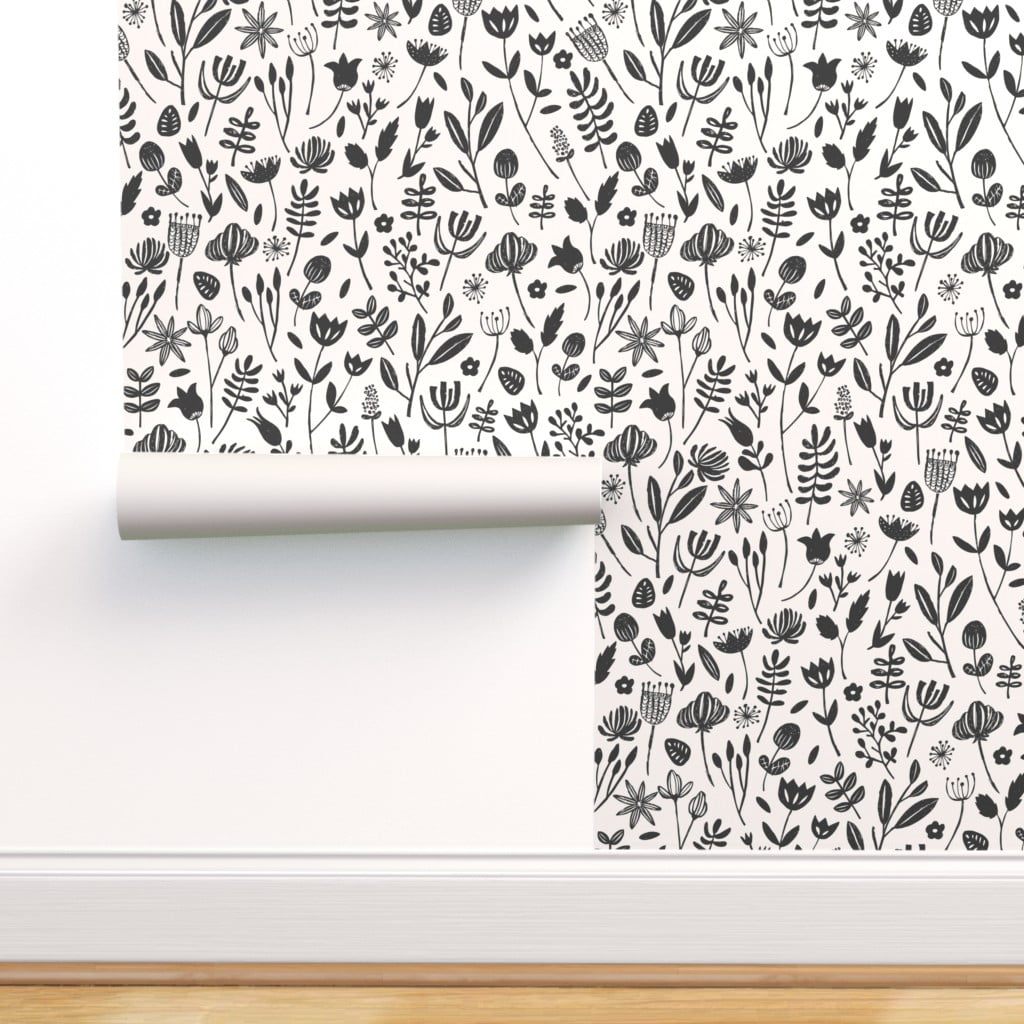 Removable Wallpaper Swatch - Folk Botanical Print Floral Modern Black Block  White Nature Custom Pre-pasted Wallpaper by Spoonflower 