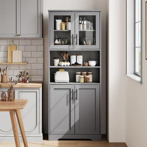 Bathroom Cabinet, Freestanding Bathroom Storage Cabinet with Glass Doors and Adjustable Shelves, 67" Cupboard Modern Storage Cabinet for Kitchen, Pantry, Living Room