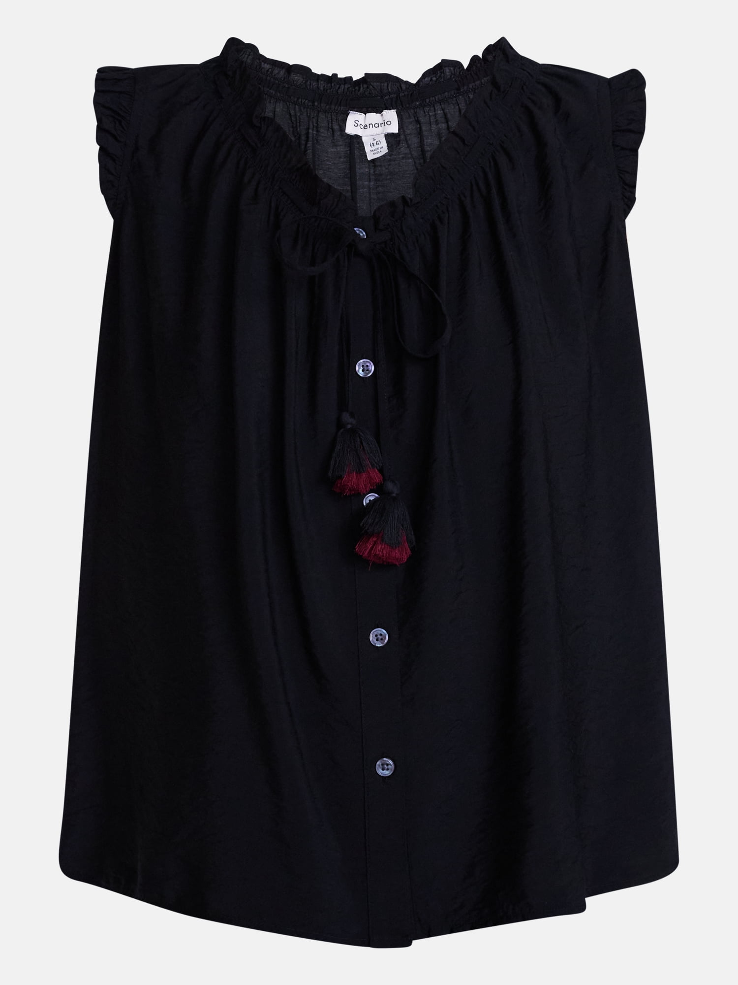 Scenario Women's and Women's Plus Ruffle Neck Tank Top with Tie Front, Sizes XS-4X