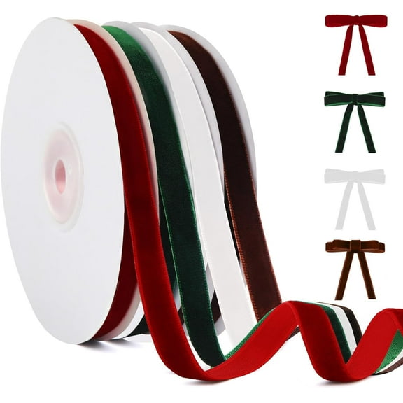 4 Colors Velvet Ribbon Set, 3/8 Inch 20 Yards Ribbon for Christmas Tree Ornaments, Wreath Decoration, Gift Wrapping, Bow Making, Handmade Crafts