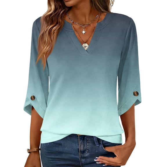 Womens Dressy 3/4 Sleeve Tops Trendy Cut V Neck Gradient Tunic Shirts Cute Casual Blouses Spring Summer Outfits Cyan XL