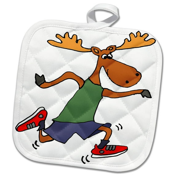 3dRose, Cute Funny Moose Running or Jogging cartoon, 8x8 Potholder