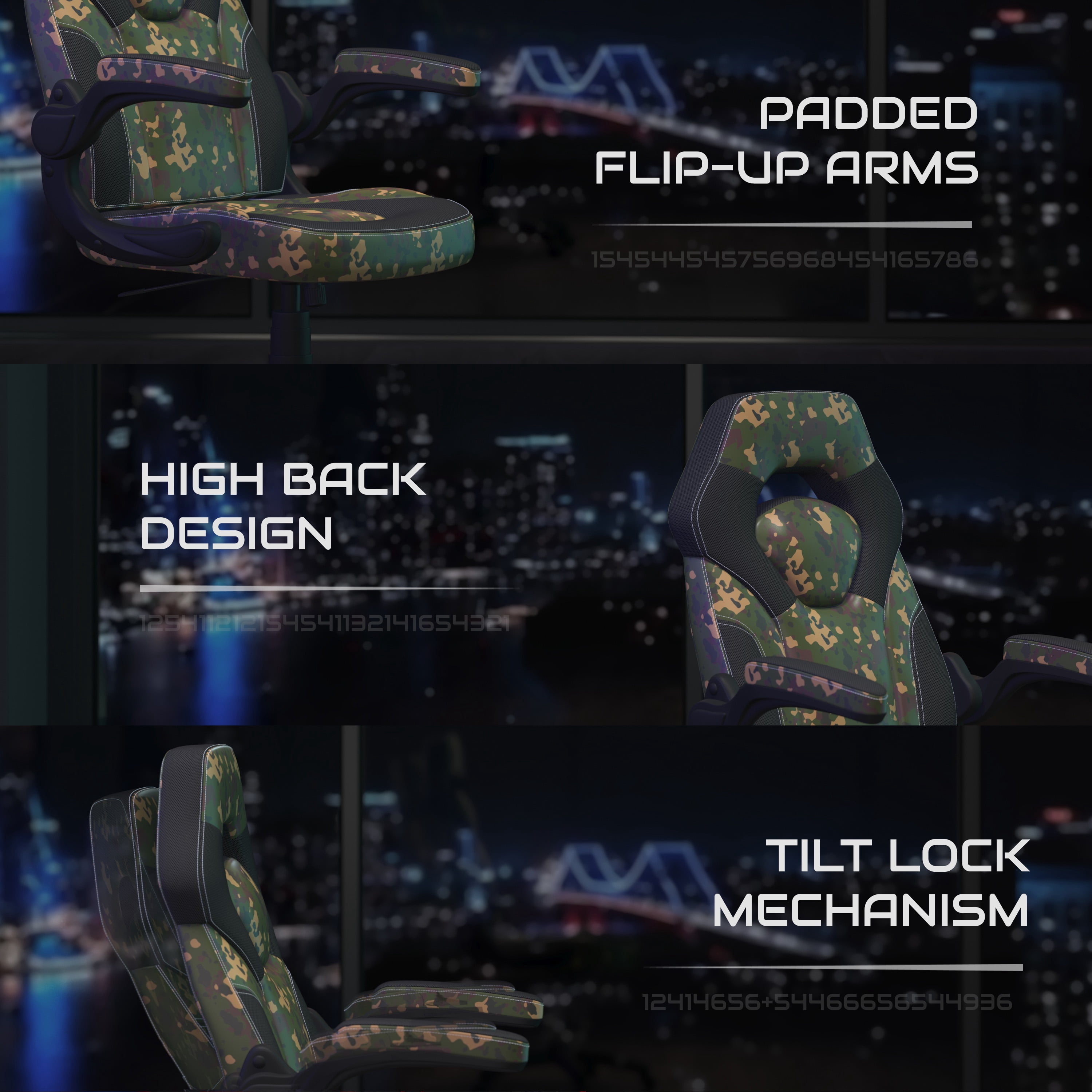 BlackArc High Back Gaming Chair with Camo and Black Faux Leather Upholstery, Height Adjustable Swivel Seat & Padded Flip-Up Arms