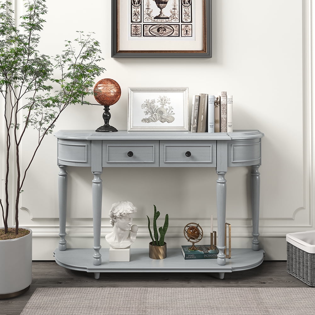 Lowestbest Retro Curved Console Table, Entryway Table with Shelf Wooden Frame and Legs Two Top Drawers (Grey) Lowestbest Retro Curved Console Table, Entryway Table with Shelf Wooden Frame and Legs Two Top Drawers (Grey)