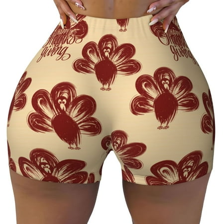 Workout Shorts Women  Thanksgiving Sketch Turkey Biker Shorts for Women Running Gym Spandex Shorts Tummy Control