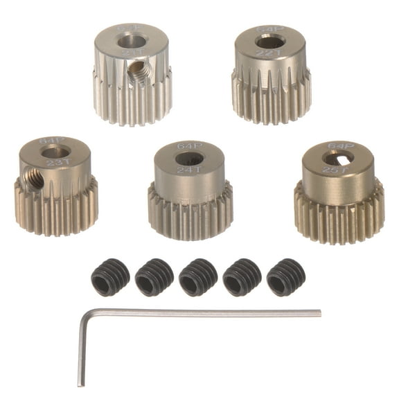 64P Pinion Gear Set 3.175mm (1/8") Shaft 21T 22T 23T 24T 25T Aluminum Alloy Motor Gears for 1/10 RC Car 5pcs