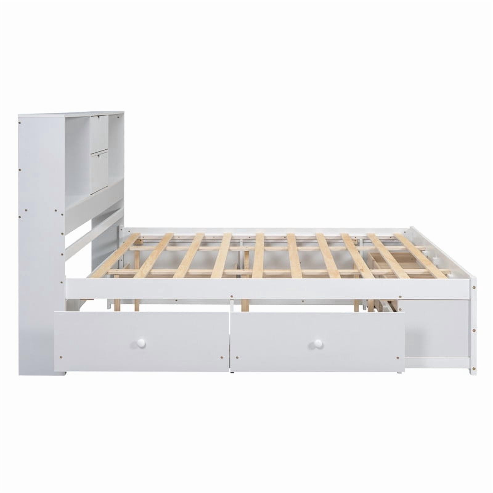 King Size Platform Bed with Bookcase Headboard, Storage Wooden Bed Frame with 8 Drawers