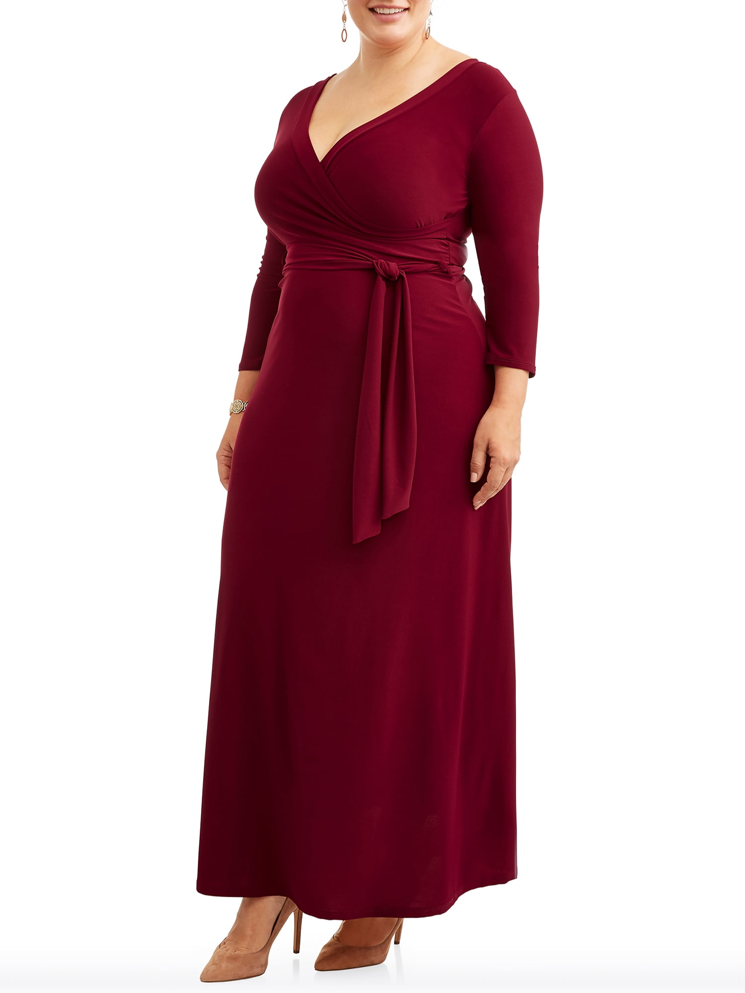 ella samani women's plus size lace sleeve yoke dress Ella Samani Women's Plus Size Lace Wrap Maxi Dress with Tie Waist