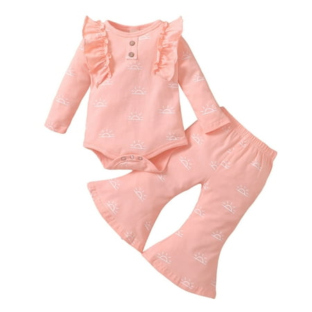 

ZHUASHUM Baby Girls Two-Piece Suit Long Sleeve Ruffles Sun Printed Romper Bodysuit And Flare Pants Outfits