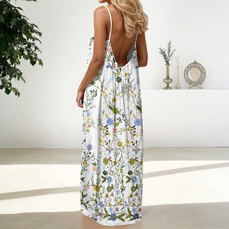 Aellinatey Women Backless Cami Dress, Summer Casual Sleeveless House Lounge Dresses, Spaghetti Strap Flowy Long Beach Sundress