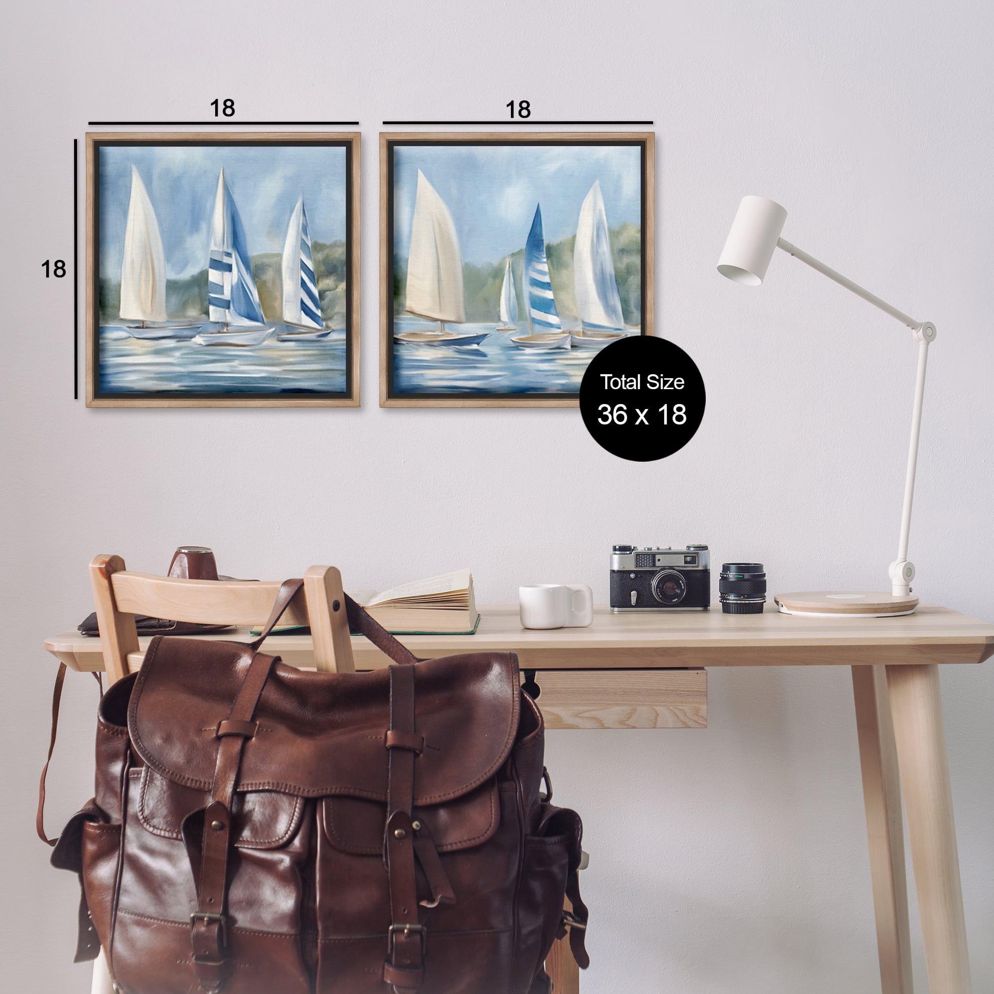 Stupell Industries Sailboats on Calm Water Nautical & Beach Painting Brown Floater Framed Canvas Art Print Wall Art, 18 x 18, Set of 2