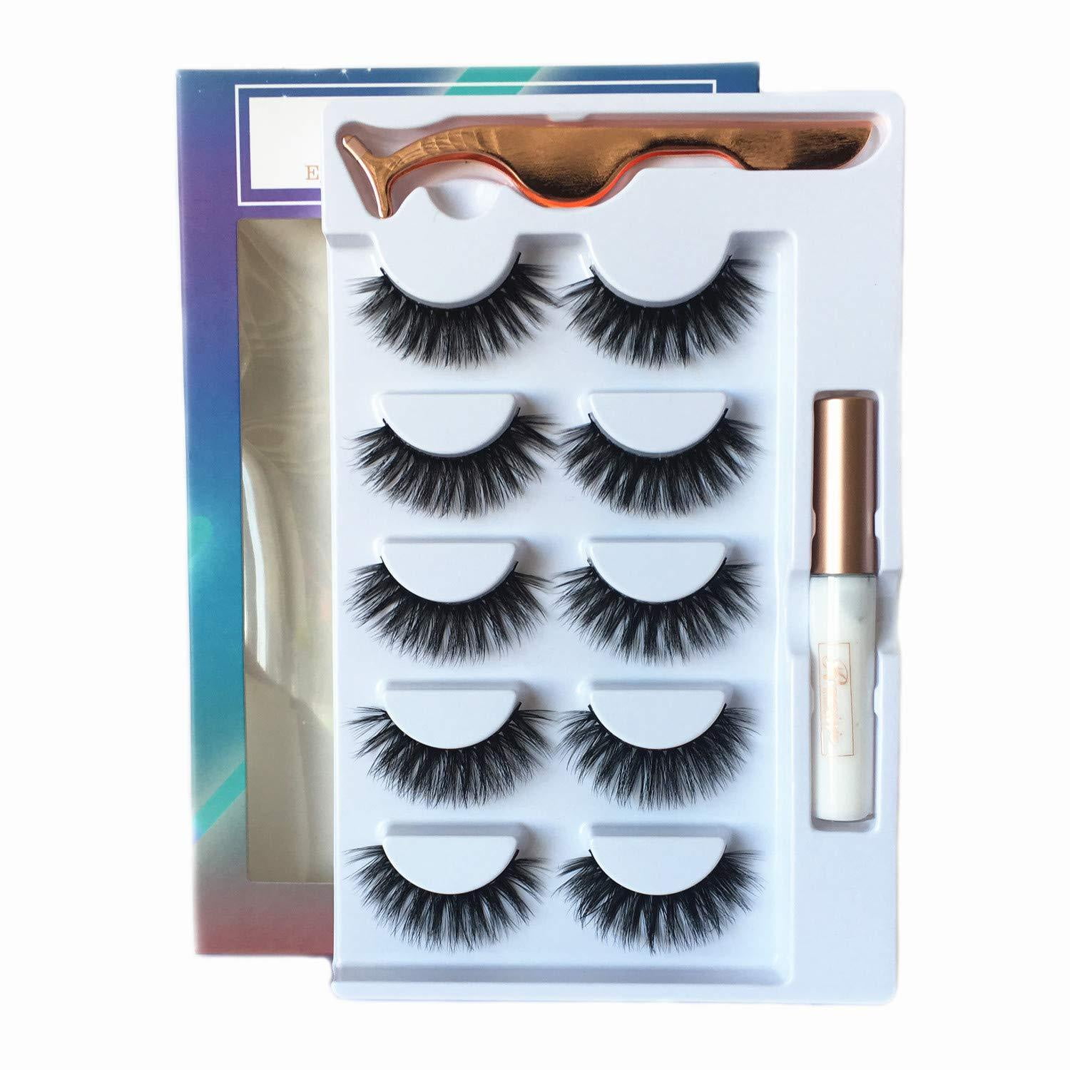 3D Fake Eyelashes With Glue Thick Full Eyelashes 5 Pairs Reusable