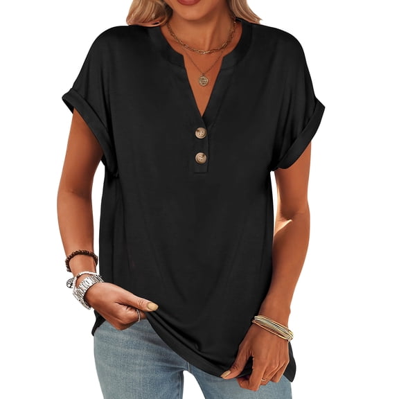 ANRABESS Womens Short Sleeve Henley Tops V Neck Dressy Casual Blouses Summer Trendy Tee Shirts 2026 Vacation Fashion Clothes Black XL