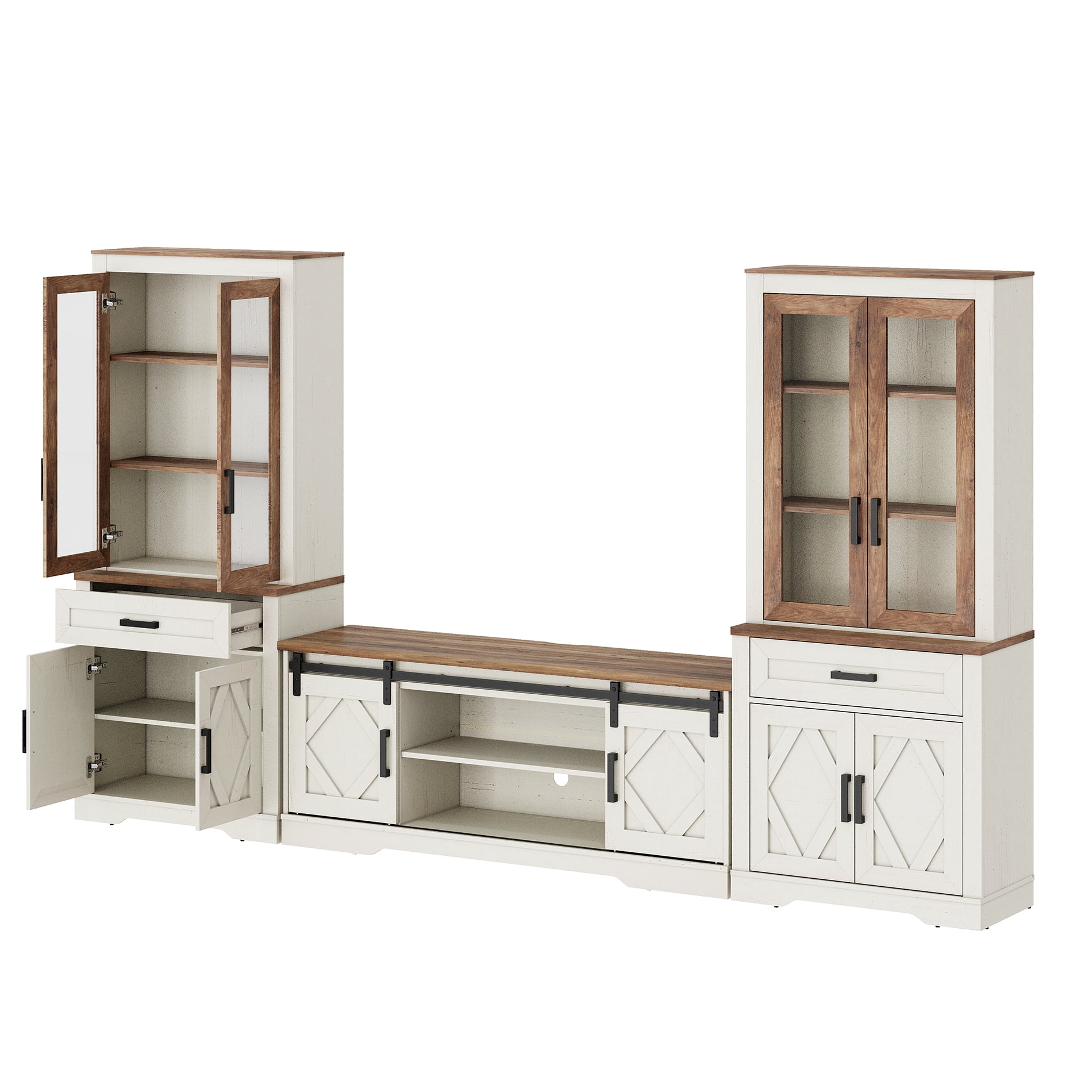WAMPAT Farmhouse Entertainment Center with Bookshelf for TVs up to 65",Mid Century Modern TV Stand with 73"H Tall 5-Tier Bookcase with Open Storage and Barn Doors for Living Room,Oak